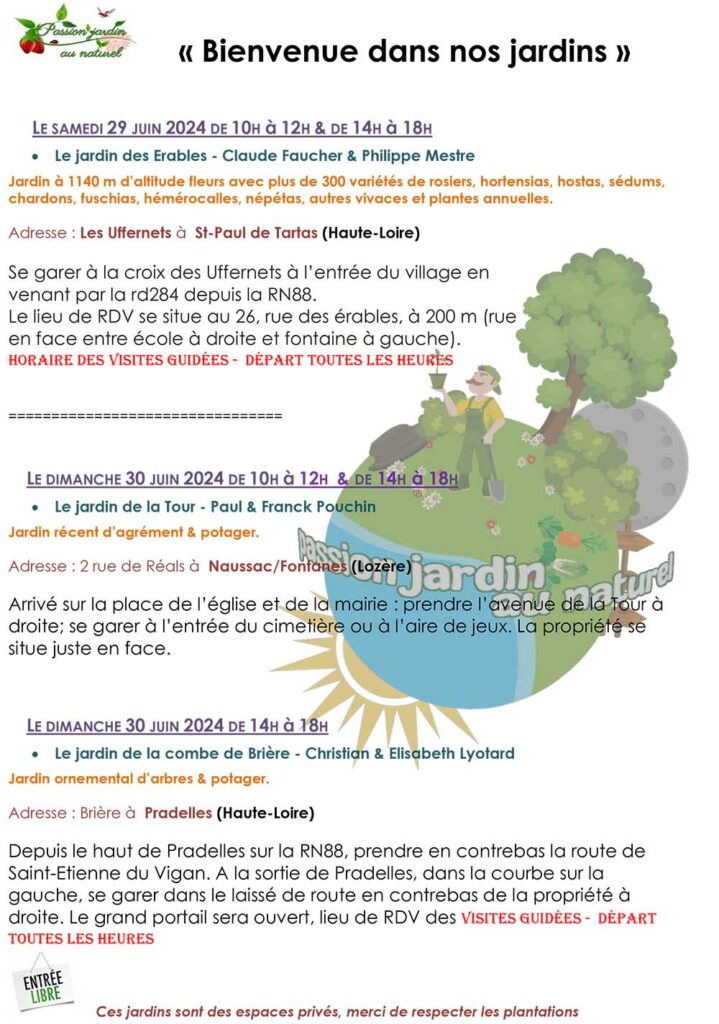 Ouverture de 3 de nos jardins les 29 et 30 juin 2024 - Programme détaillé